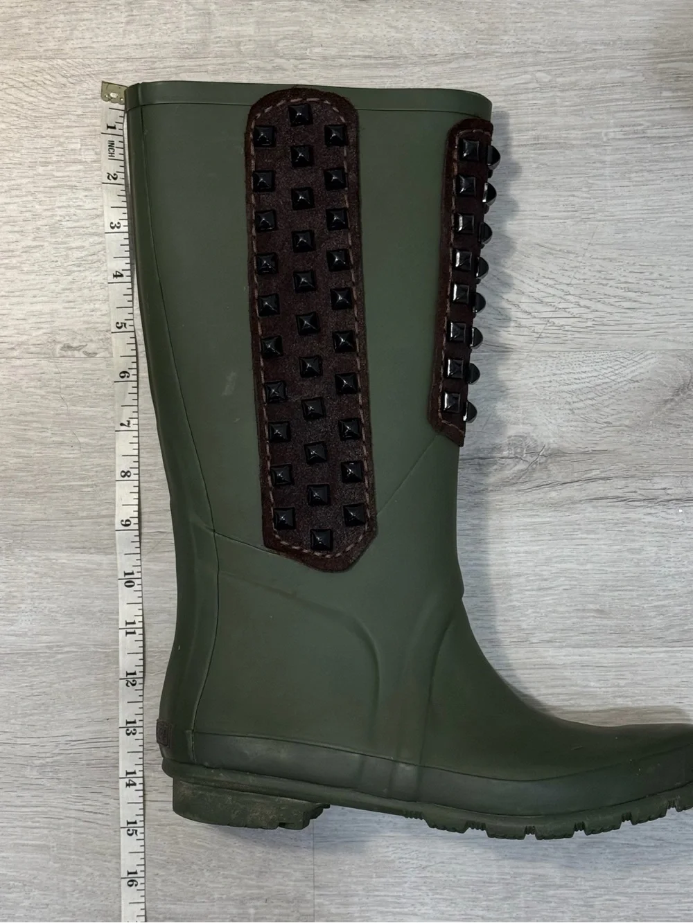 BCBGMaxAzria Dark Olive Green Studded Tall Rain Boots Size 9